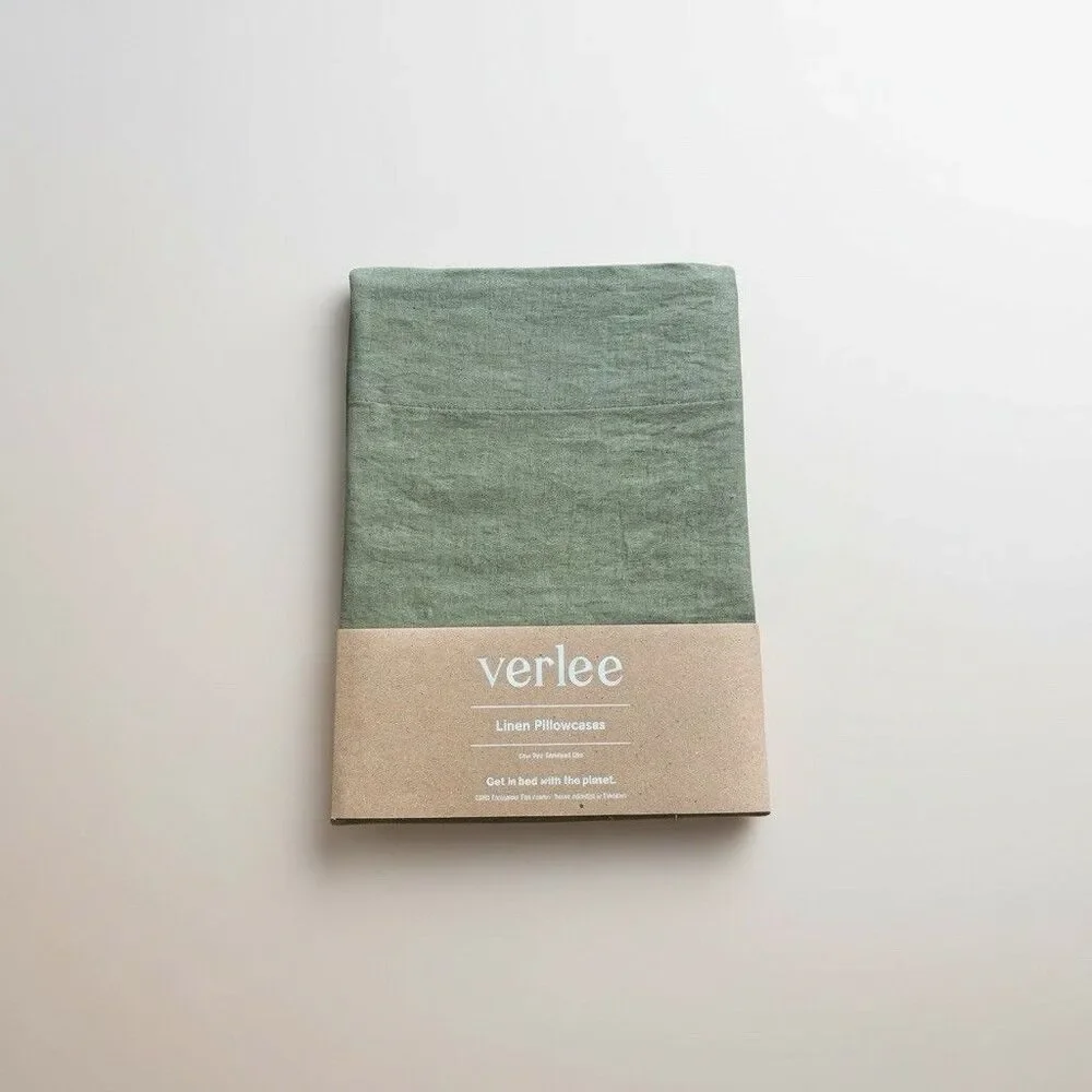 TUFT & NEEDLE 100% Linen European Flax 2 Standard Pillowcases Green Moss New